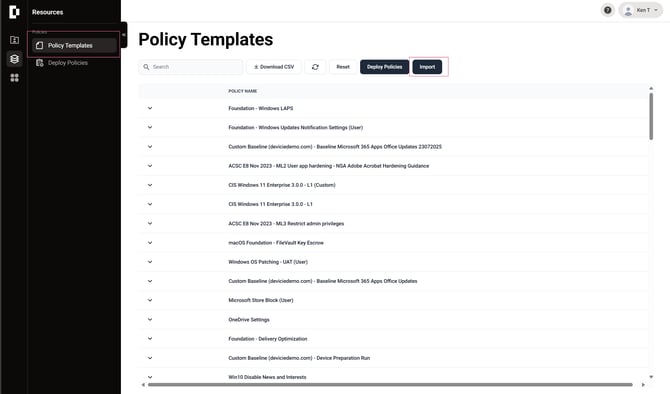 Screenshot of Devicie’s Policy Template page, showing a searchable list of policy templates with options to import, deploy, and download. The Import button is highlighted to indicate its new location.